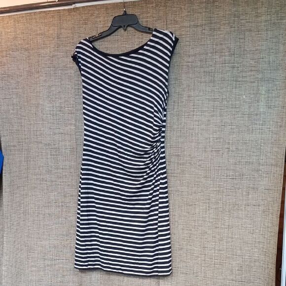 LOFT Black and Tan Striped Midi Dress - Picture 1 of 5